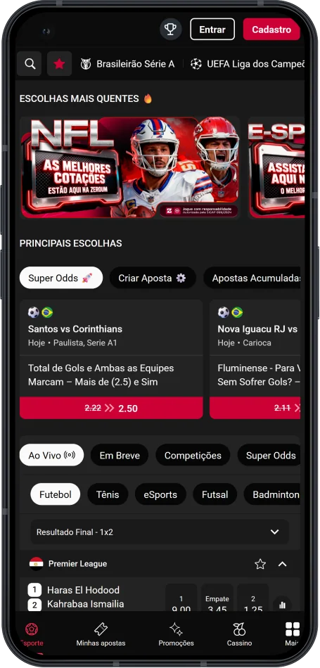 Captura de tela da seção apostas esportivas no aplicativo Zeroum Bet