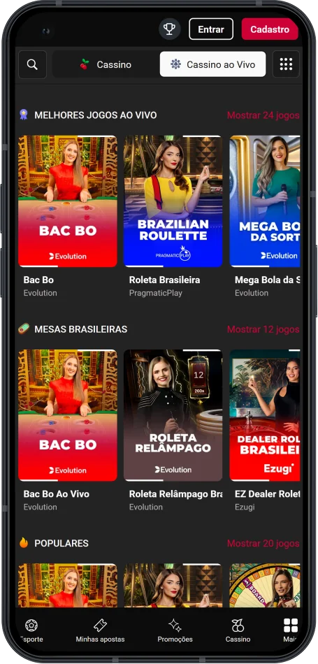 Captura de tela da seção de cassino ao vivo no aplicativo Zeroum Bet