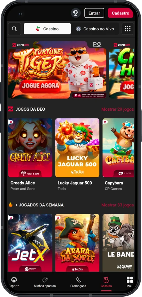 Captura de tela da seção de cassino no aplicativo Zeroum Bet