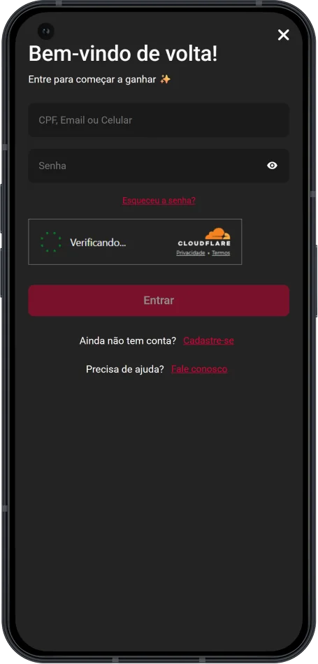 Captura de tela do processo de login no aplicativo Zeroum Bet