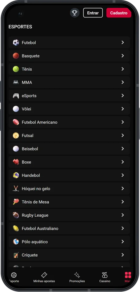 Captura de tela da seção de esportes no aplicativo Zeroum Bet