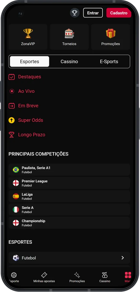 Captura de tela do menu no aplicativo Zeroum Bet