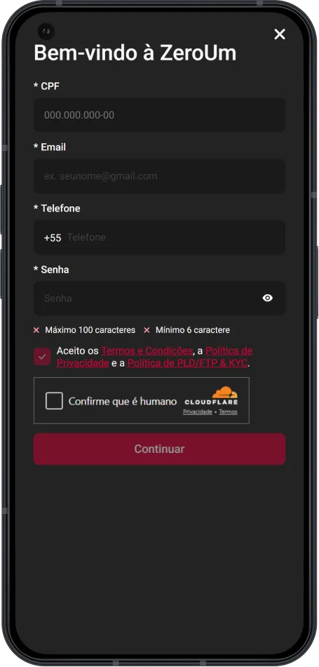 Captura de tela do processo de cadastro no aplicativo Zeroum Bet