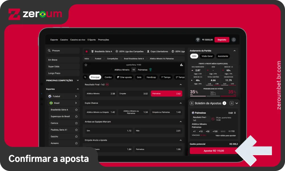 Verifique a sua seleção e o valor, depois clique em Confirmar para fazer a sua aposta na Zeroum Bet