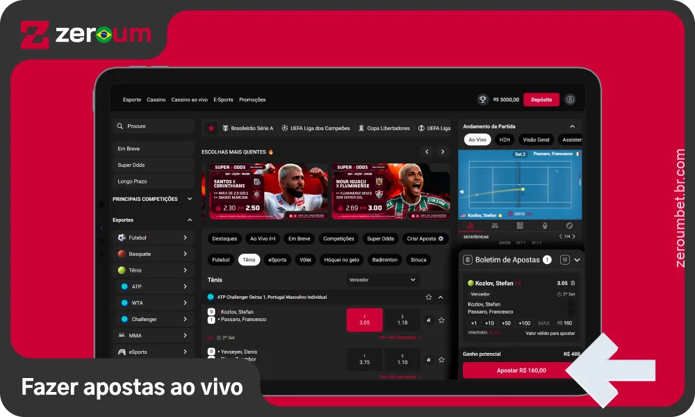 No Zeroum Bet, clique na guia Ao vivo e faça suas apostas em tempo real