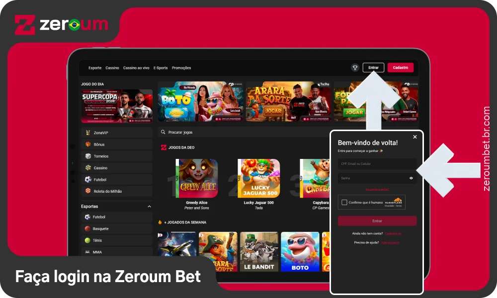 Os jogadores no Brasil precisam fazer login em suas contas para fazer apostas na Zeroum Bet