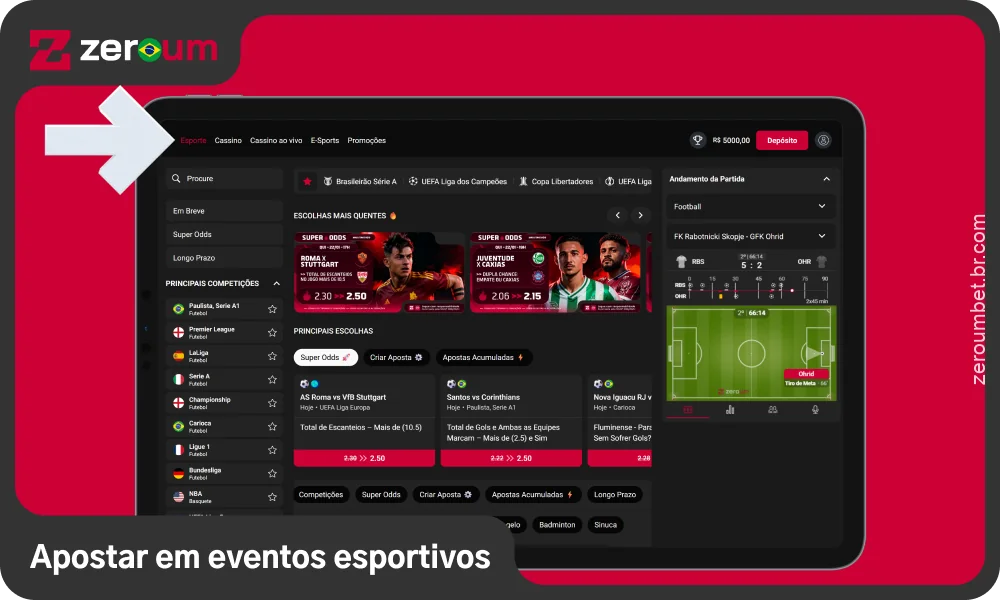 Acesse a seção de apostas Zeroum Bet para fazer apostas em futebol, basquete, vôlei e outros esportes