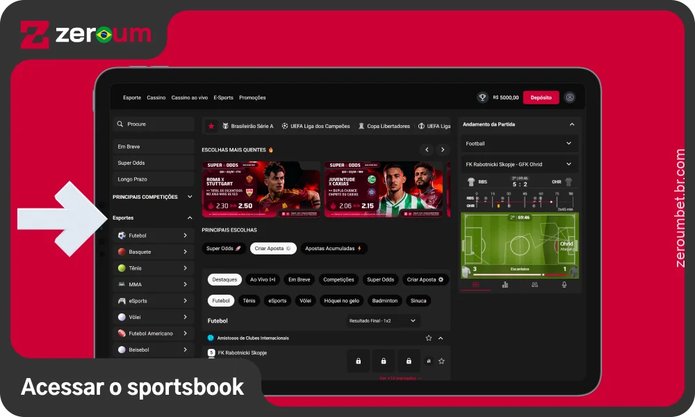 Use o menu e os filtros da Zeroum Bet para encontrar e selecionar rapidamente eventos esportivos para apostar