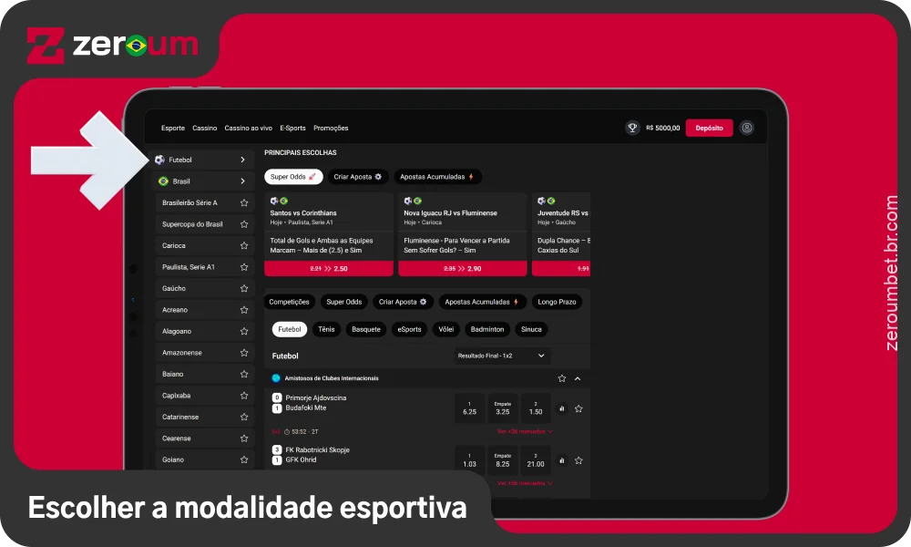 Escolha um esporte e veja as competições e jogos disponíveis para começar a apostar na Zeroum Bet