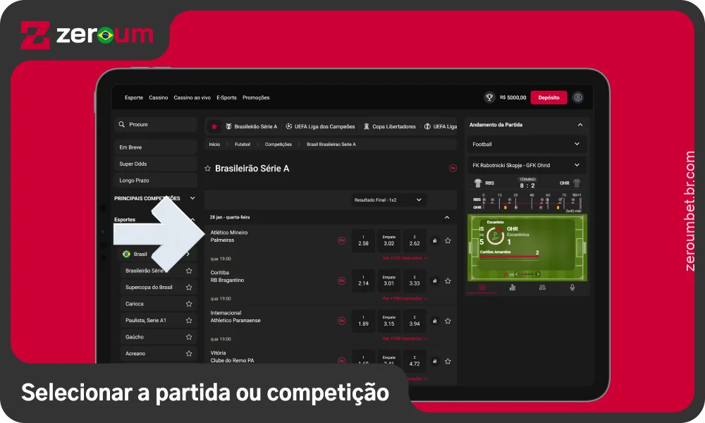 Escolha uma liga ou evento, abra a partida e veja todos os mercados e odds disponíveis para fazer uma aposta na Zeroum Bet