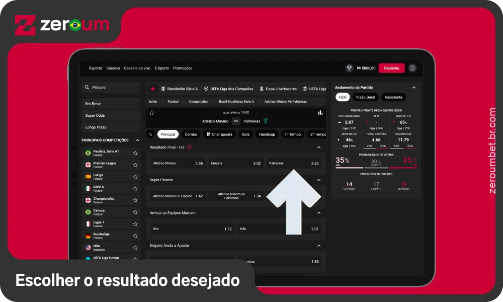 Selecione o resultado desejado e adicione-o ao cupom para fazer uma aposta na Zeroum Bet