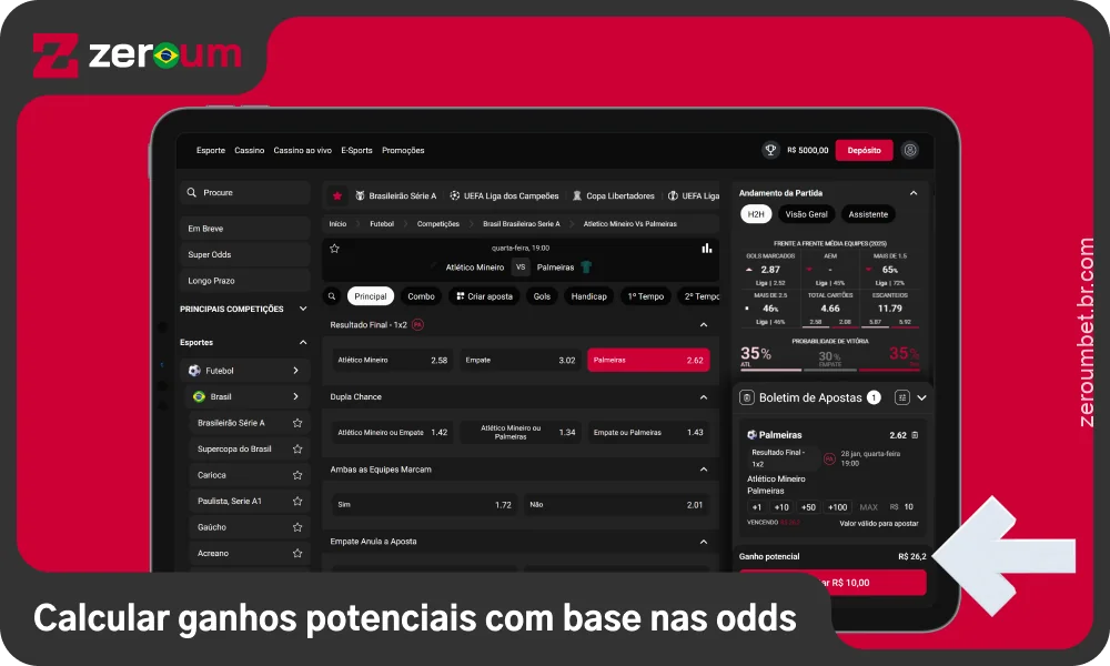 Insira o valor da aposta e o sistema calculará automaticamente o seu ganho potencial na Zeroum Bet